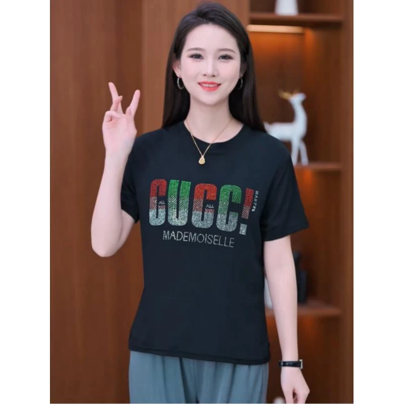 烫钻短袖t恤女夏季新款中年妈妈装重工宽松黑色圆领