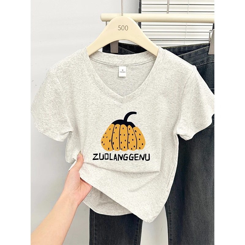 韩系减龄大码V领正肩短袖t恤女夏季新款显瘦设计感休闲百搭上衣服