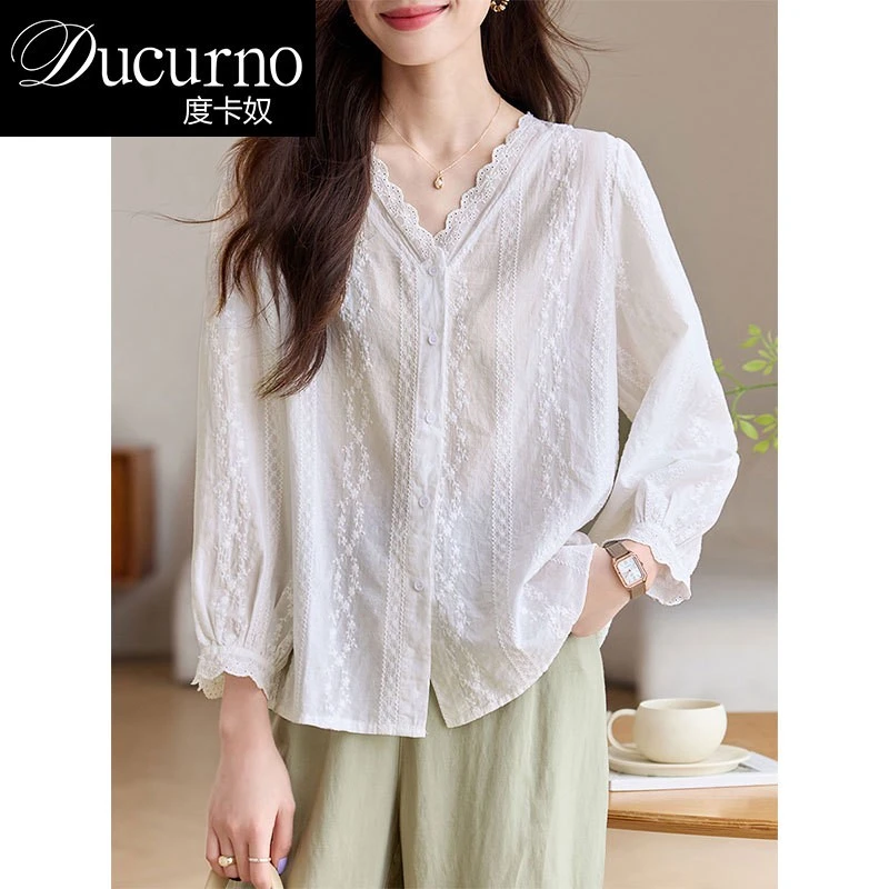 2025新款秋季超好看独特别致百搭衬衣女宽松遮肚白色纯棉衬衫上衣
