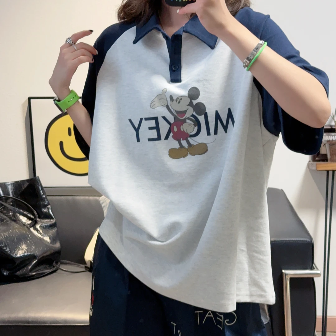 2025新款超好看米奇插肩袖半开扣五分袖Polo衫女宽松显瘦减龄百搭