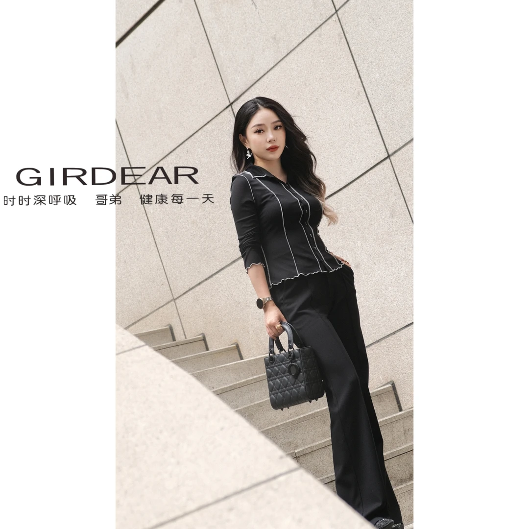 哥弟女装新款春夏通勤时尚显瘦弹力百搭黑色窄版直筒裤110027