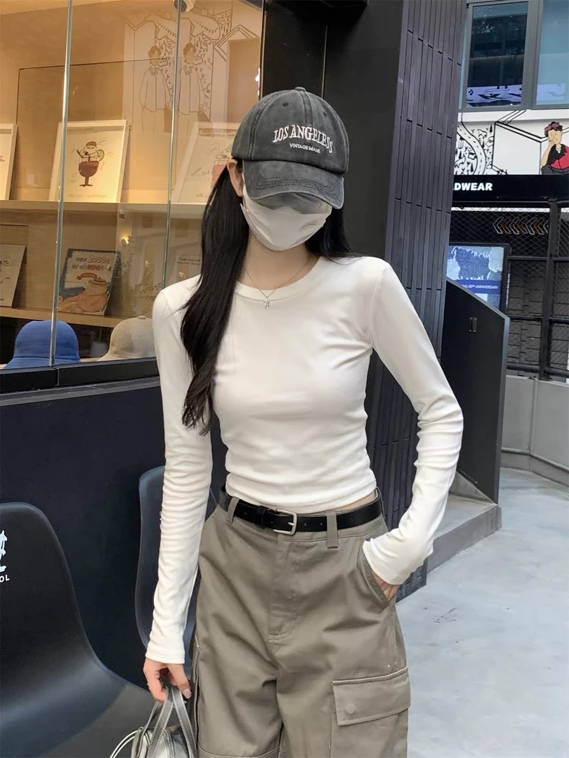 250-299（现 货）韩系辣妹正肩小圆领修身长袖t恤女