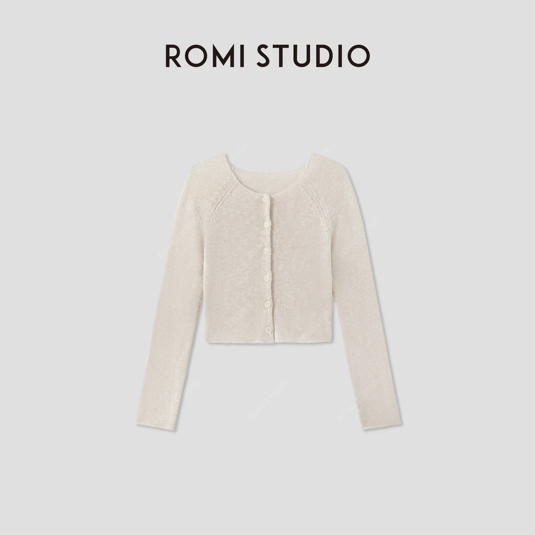 ROMI STUDIO 康宝莱桑蚕丝亚麻棉混纺轻薄卷边圆领开衫RWCRST4129