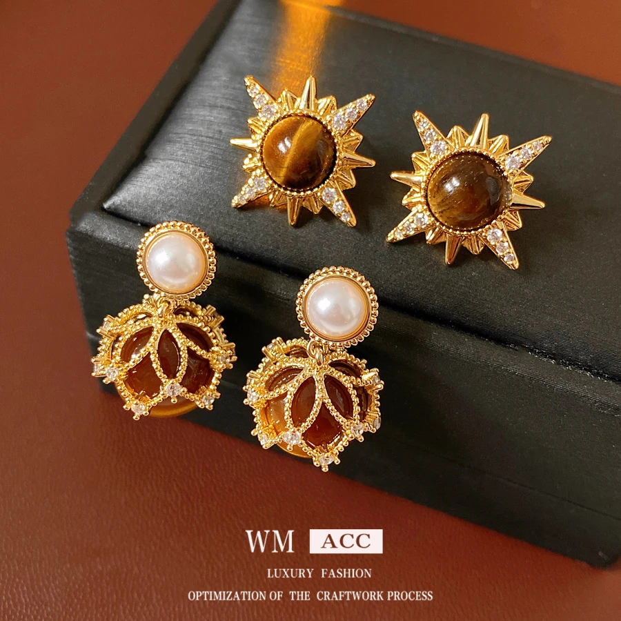 银针锆石虎眼石圆形星芒耳环复古美拉德百搭耳钉