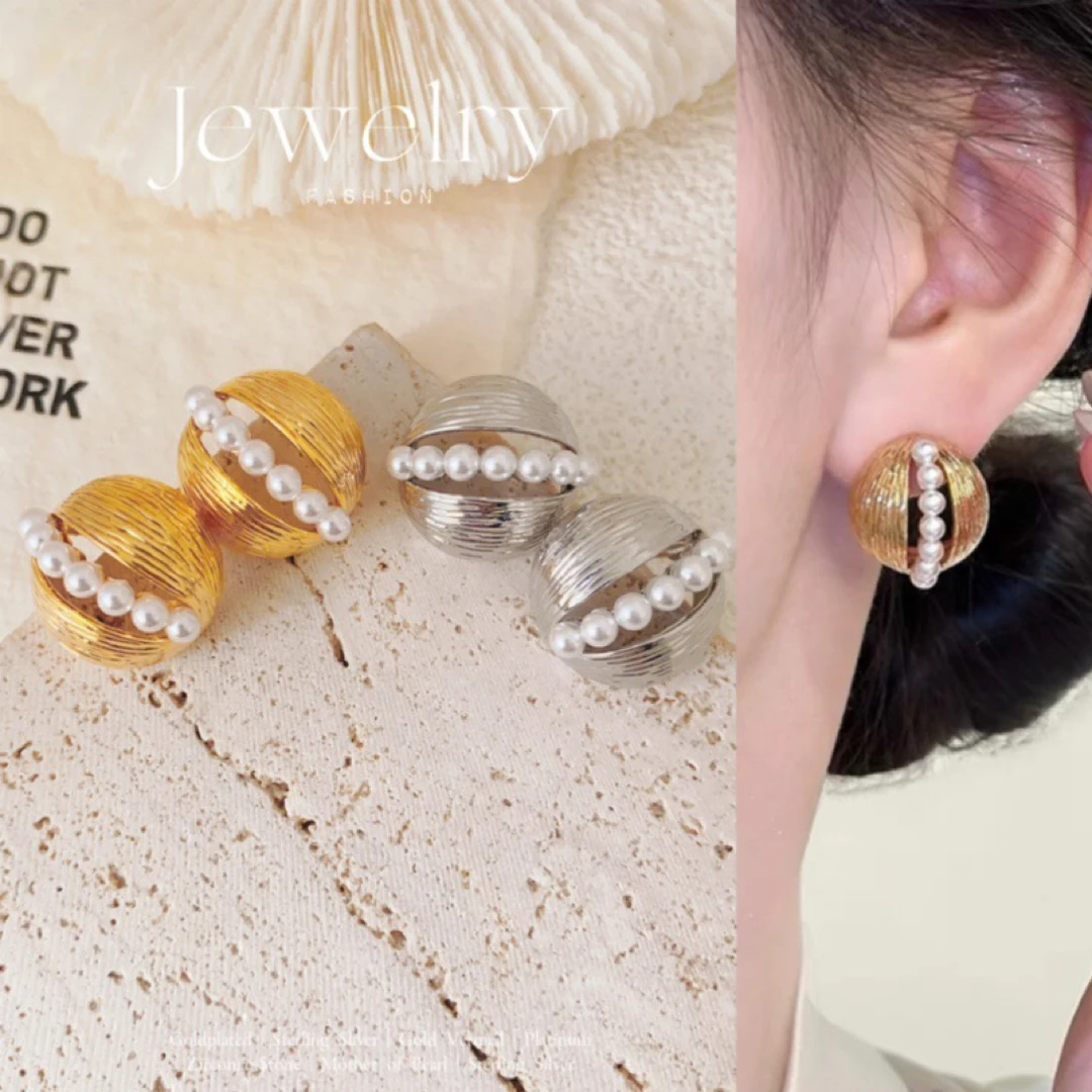 铜合金仿珍珠耳饰 铜镀金纹理金属珍珠耳钉 时尚轻奢百搭
