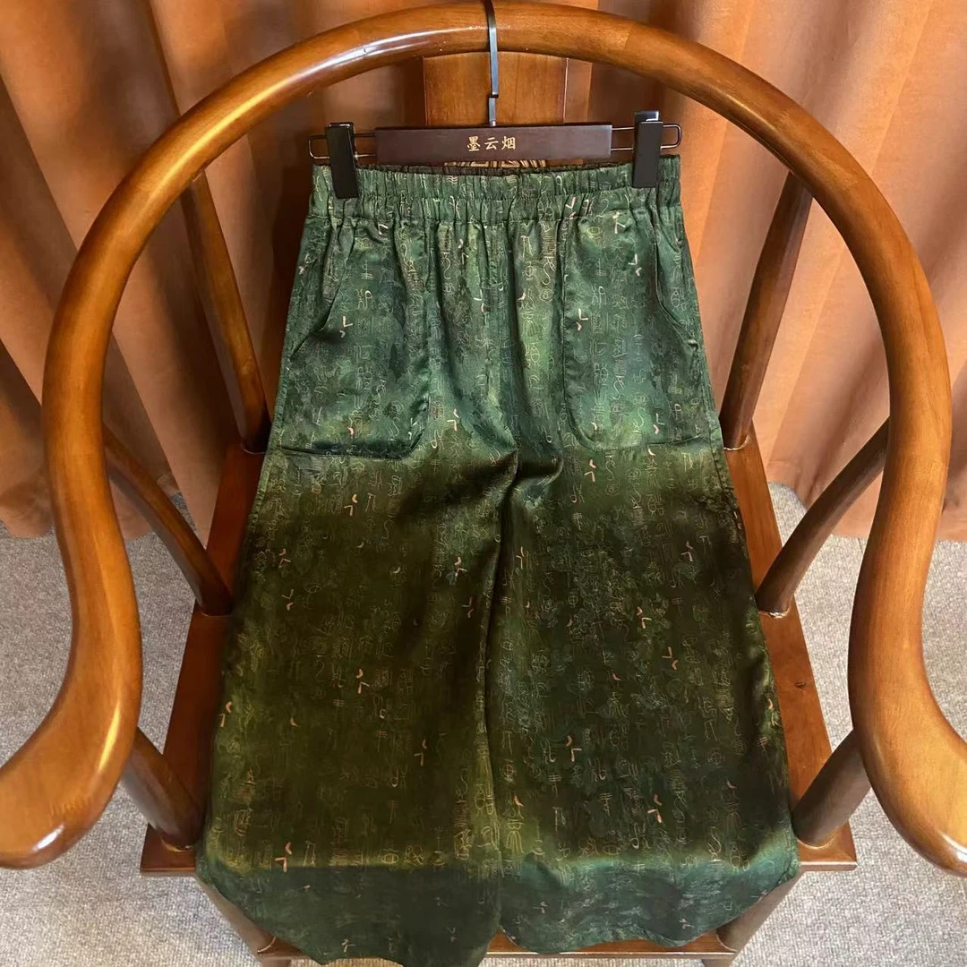 【青岚】甲骨文时尚双面双穿直筒裤复古女装新中式休闲裤女士9037