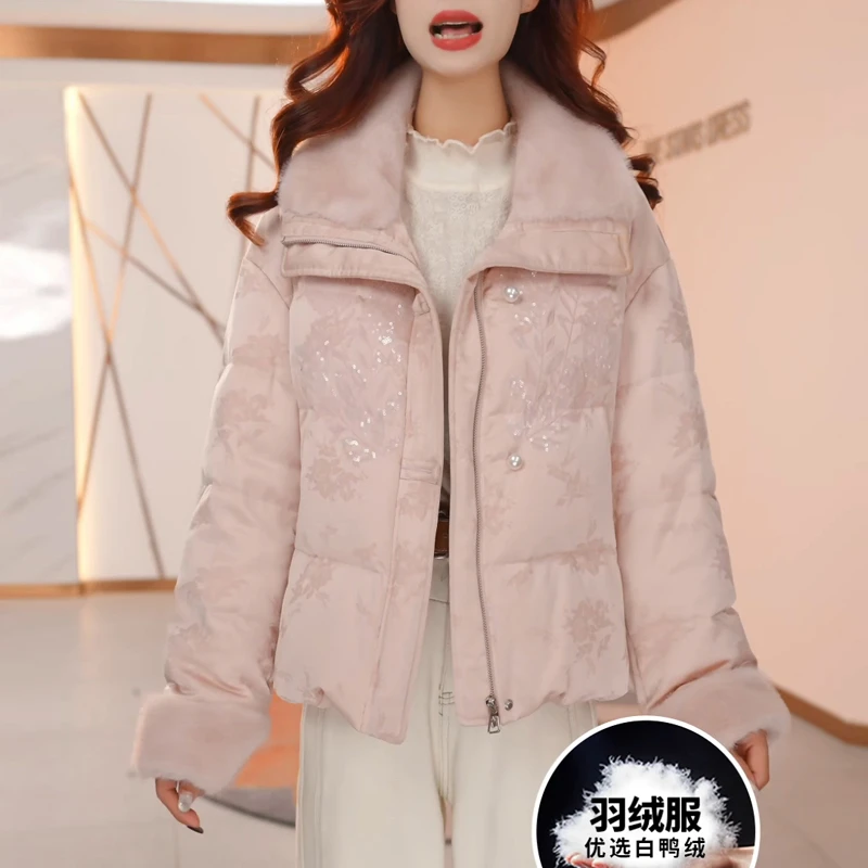 粉色短款羽绒服女士2025年新款冬季巨好看白鸭绒时尚拼接保暖外套