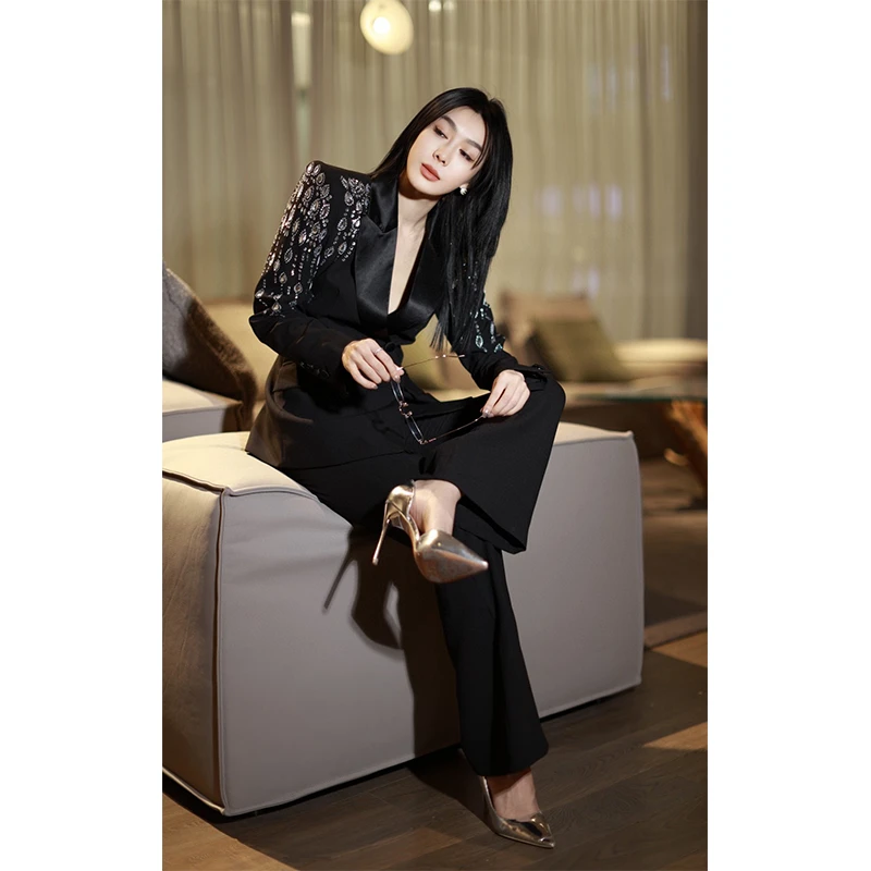重工水钻米白色修身西服套装宴会商务正式场合黑色西装套裤女装春