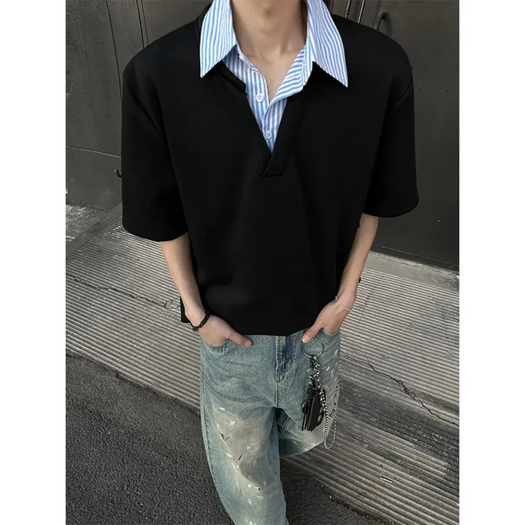 HandSeven美式cleanfit假两件短袖男夏季复古内搭重磅T恤polo衫