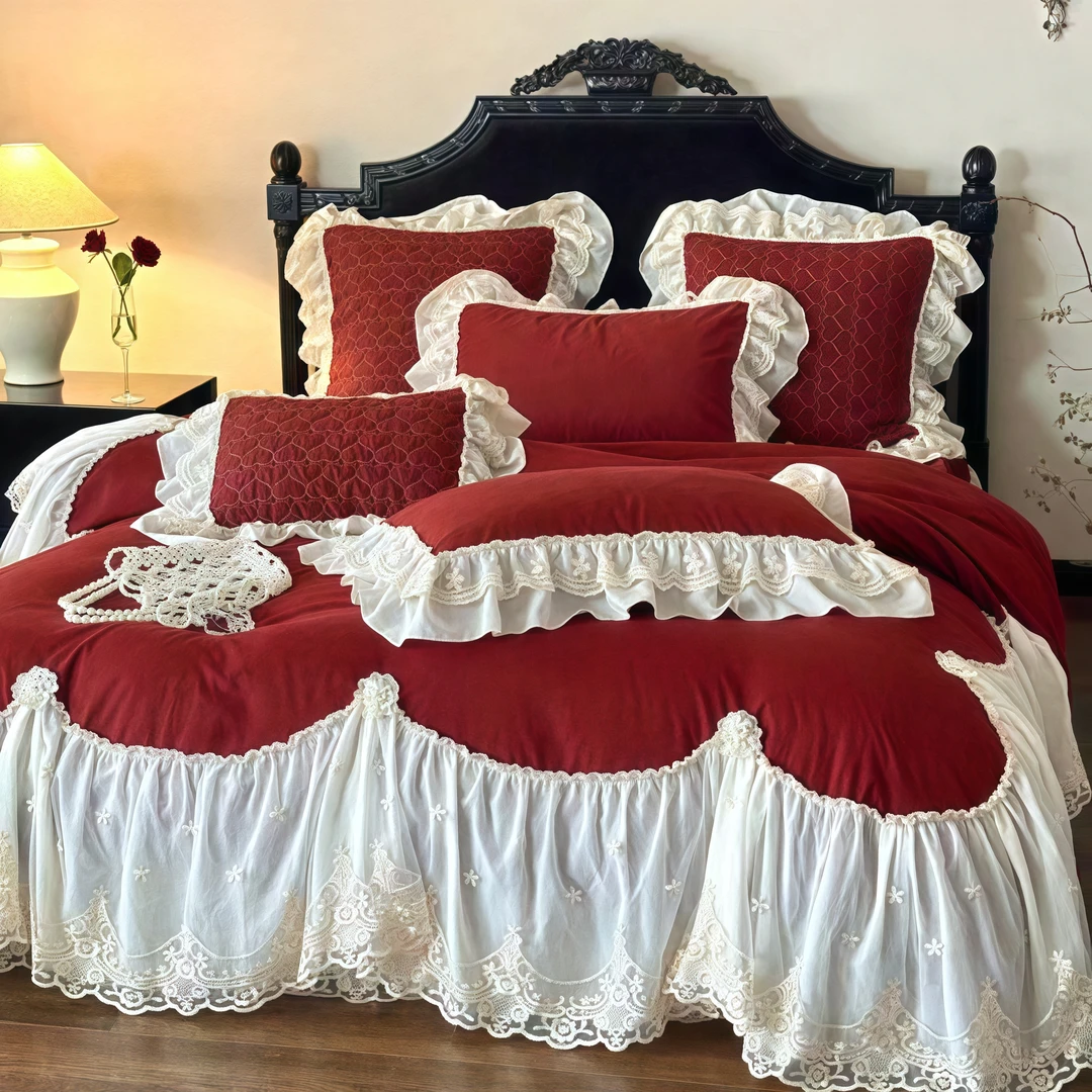 【线下精品】法式全棉床盖四件套蕾丝纯色长绒棉韩式夹棉床裙公主风