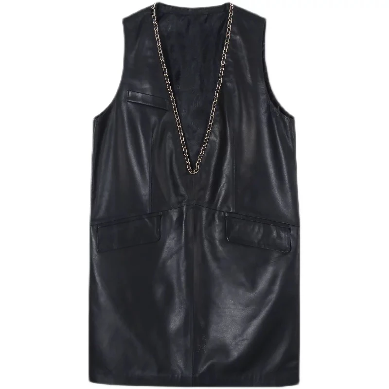 清仓-欧货爆款链条大V领真皮连衣裙口袋绵羊皮休闲设计感A字长裙