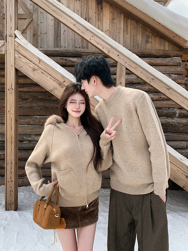 情侣装秋冬韩版加厚毛针织衫连帽毛领设计感毛衣潮