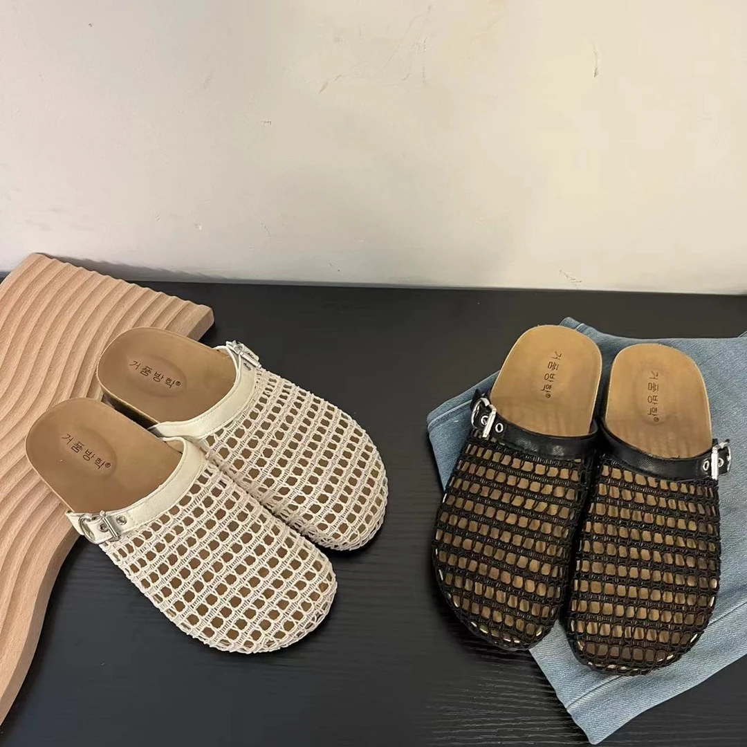 爆款编织包头拖鞋女夏外穿2025新款平软底百搭一脚蹬透气镂空半拖