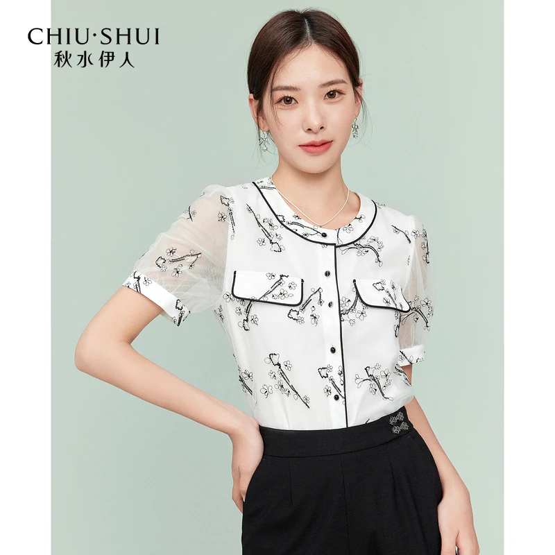 【直播】秋水伊人新品复古气质短袖雪纺衫女622204C056526