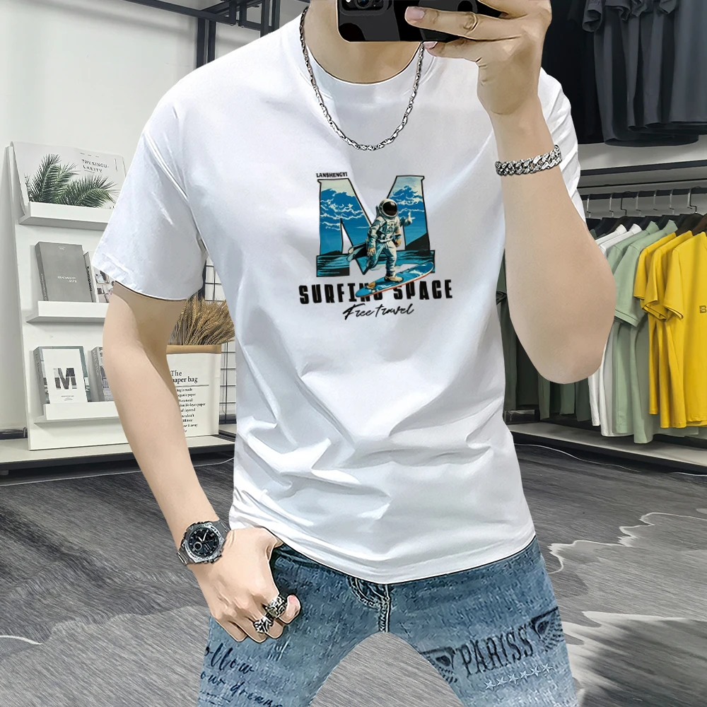 蓝晟依圆领短袖t恤夏季新款时尚印花潮男半袖百搭休闲男装白色T恤