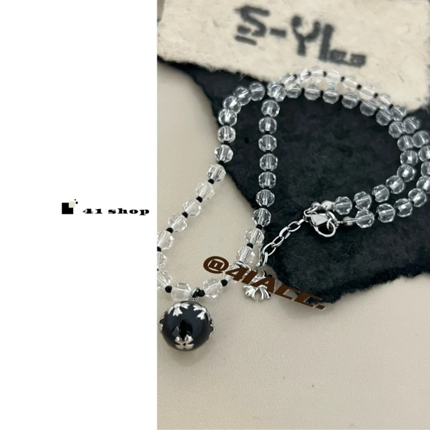 铜合金合成锆石项链 A608 黑色滴釉球球白锆石链条项链