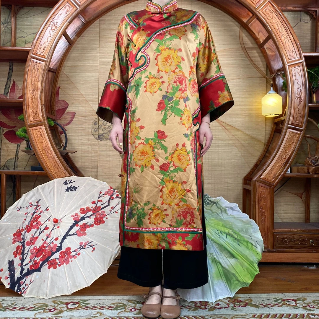 70姆米重缎香槟牡丹如意贴边香云纱袍子100桑蚕丝缝制