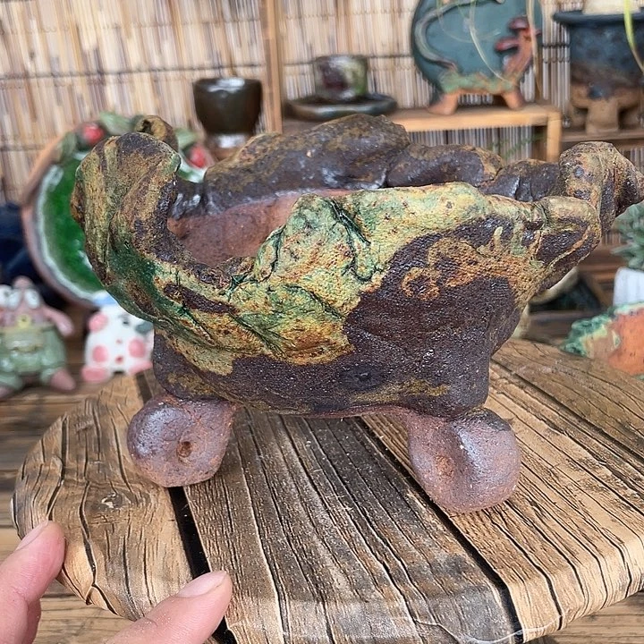 手工粗陶高温釉下彩花盆