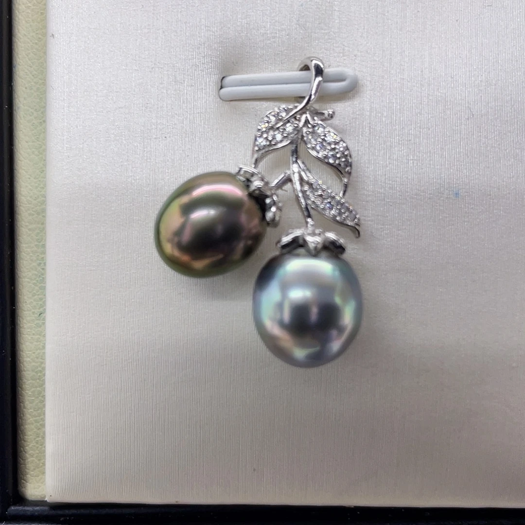 海水珍珠银S925镶嵌吊坠(不含链)大溪地双珠吊坠9-10mm