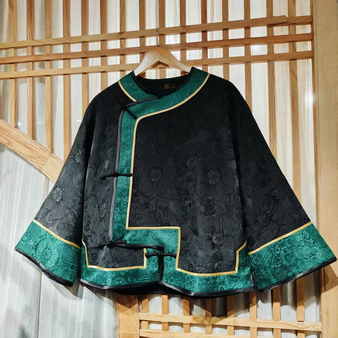 凤徕兮私人定制黑色立体提花斜襟盘扣绿边小立领上衣（LS486）