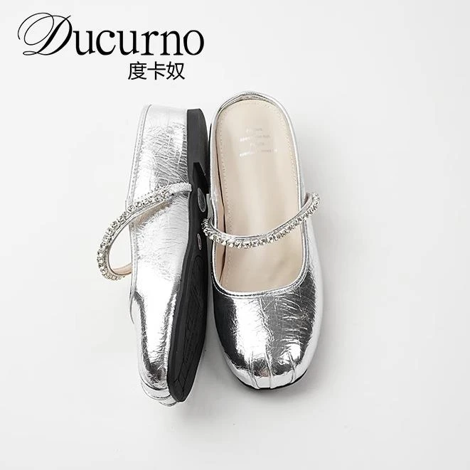 DUCURNO真皮懒人包头半拖鞋女2025新款银色玛丽珍凉鞋平底穆勒鞋