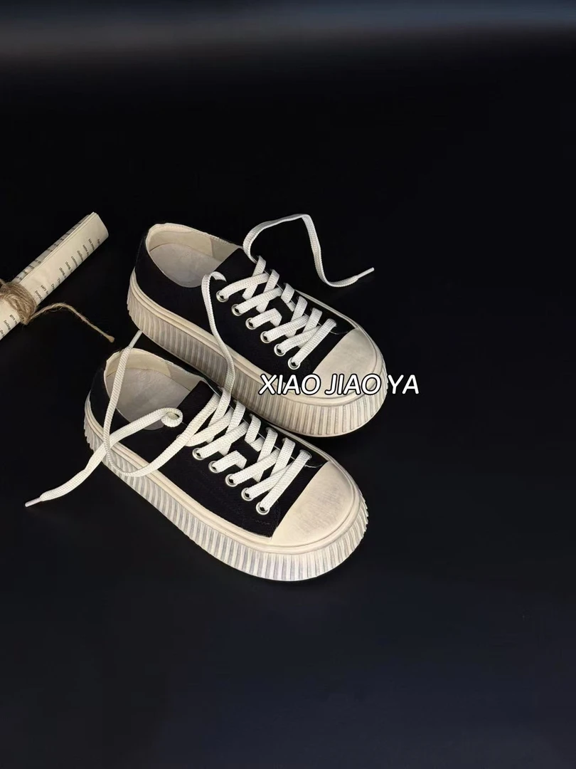 现现XIAOJIAOYA【做旧饼干】“百搭做旧厚底牛仔帆布饼干鞋”（跟高5）