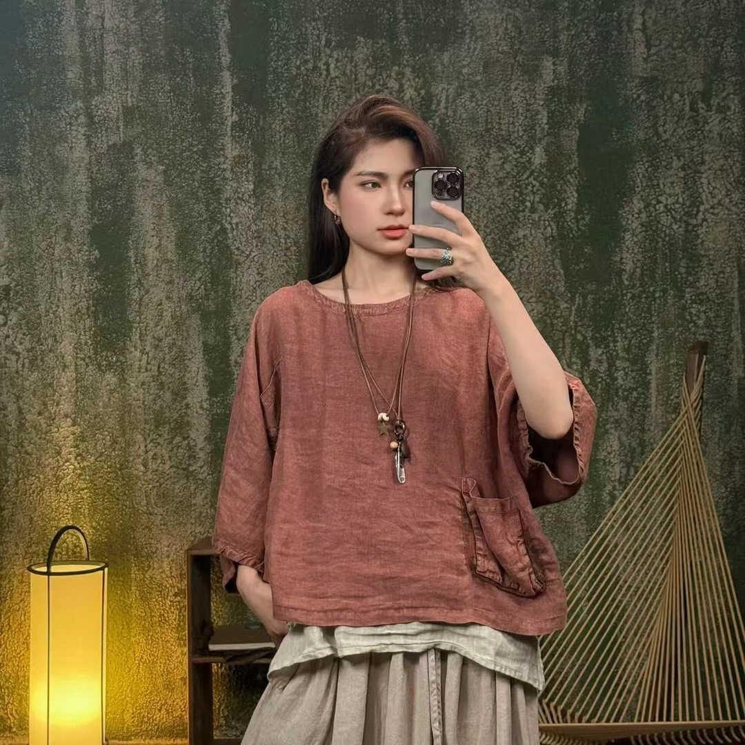 MX640亚麻60公分夏季圆领贴布双层撞色文艺休闲短款宽松套恤衫