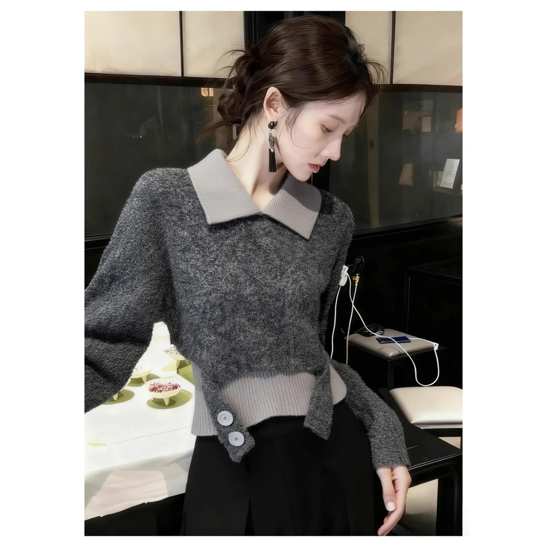 毛衣女款2025新款秋冬巨好看绝美气质高端假两件灰色翻领针织上衣