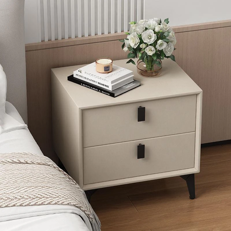 实木皮质现代床头柜简约高级卧室储物柜家用床边柜轻奢收纳柜软包
