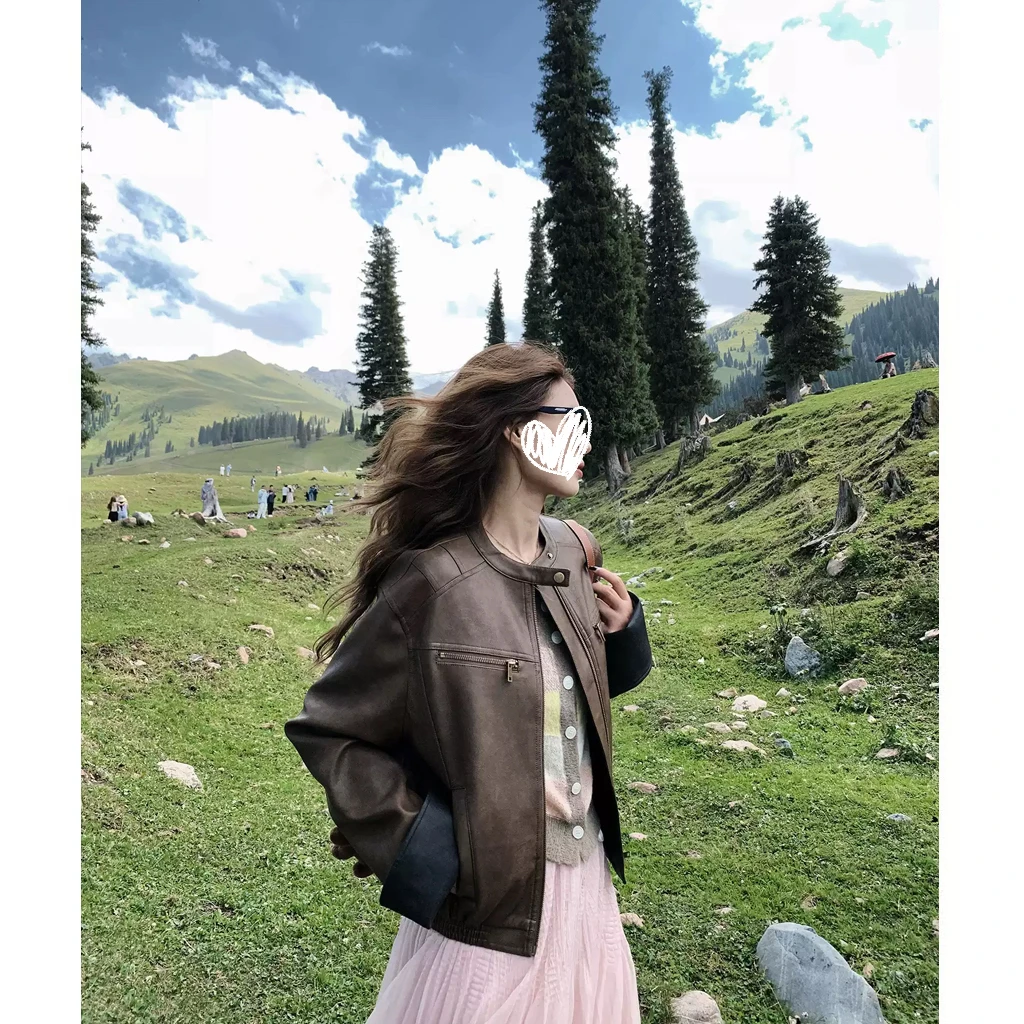 2025秋季撞色皮衣女韩系气质复古设计感宽松时尚显瘦高级感上衣女