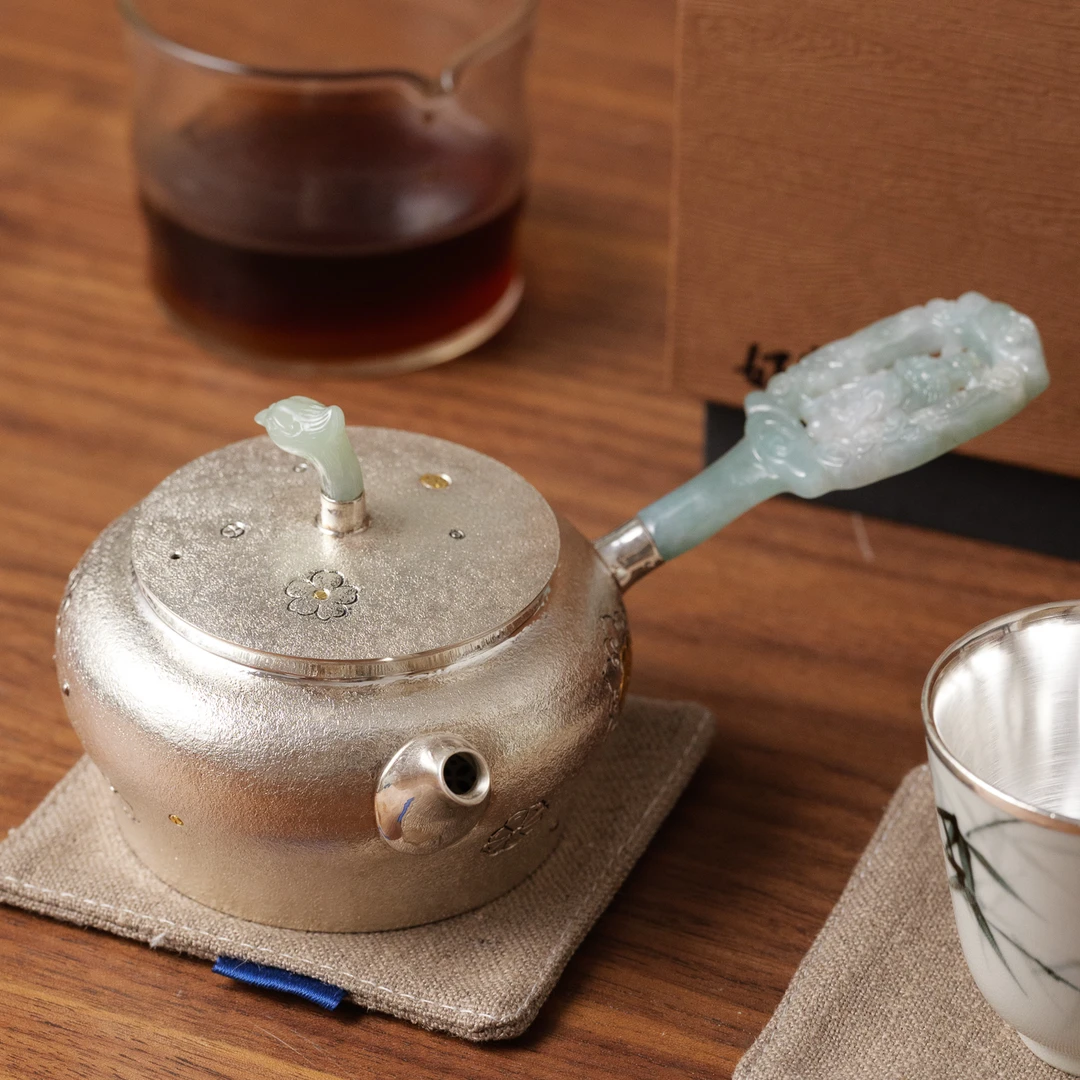 古悦 悦翠系列 金翠流芳 手工錾刻银壶泡茶壶高工掐丝镶嵌设计