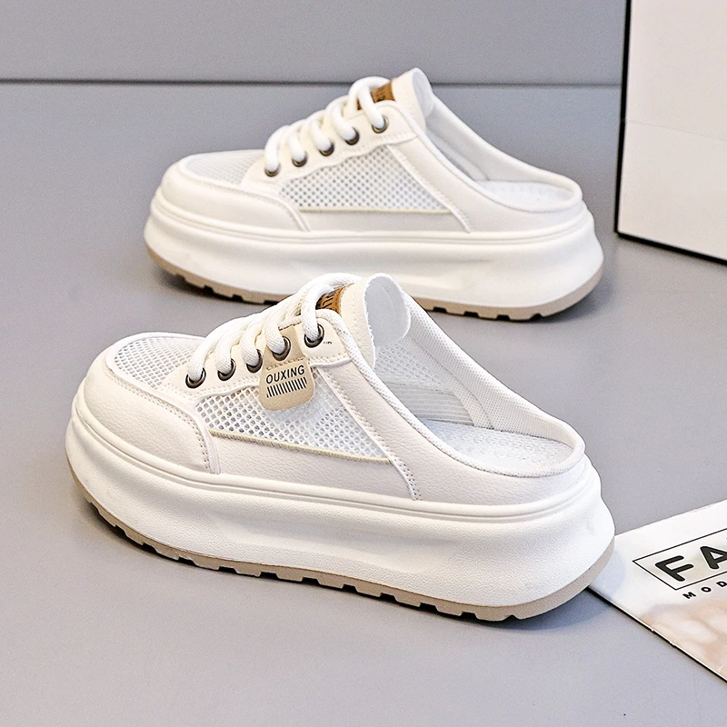 夏季透气网面半拖鞋2025新款女鞋时尚凉拖百搭外穿半托休闲小白鞋