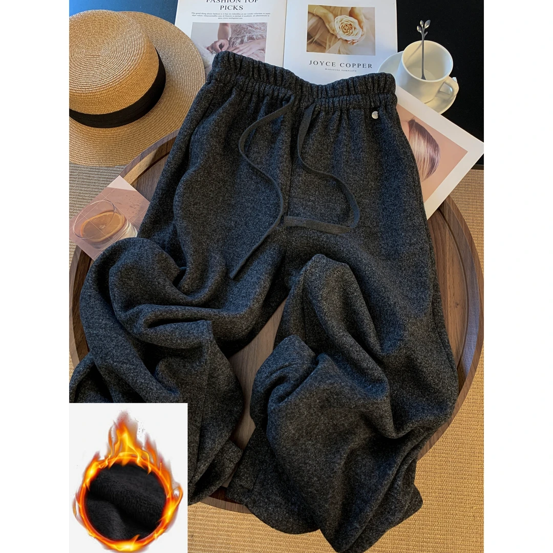 宽松显瘦糯米裤子冬季加绒加厚卫裤女高腰休闲阔腿一件过冬运动裤
