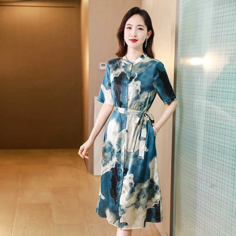 真丝连衣裙女夏2023年新款中年妈妈大码气质显瘦杭州桑蚕丝印花裙