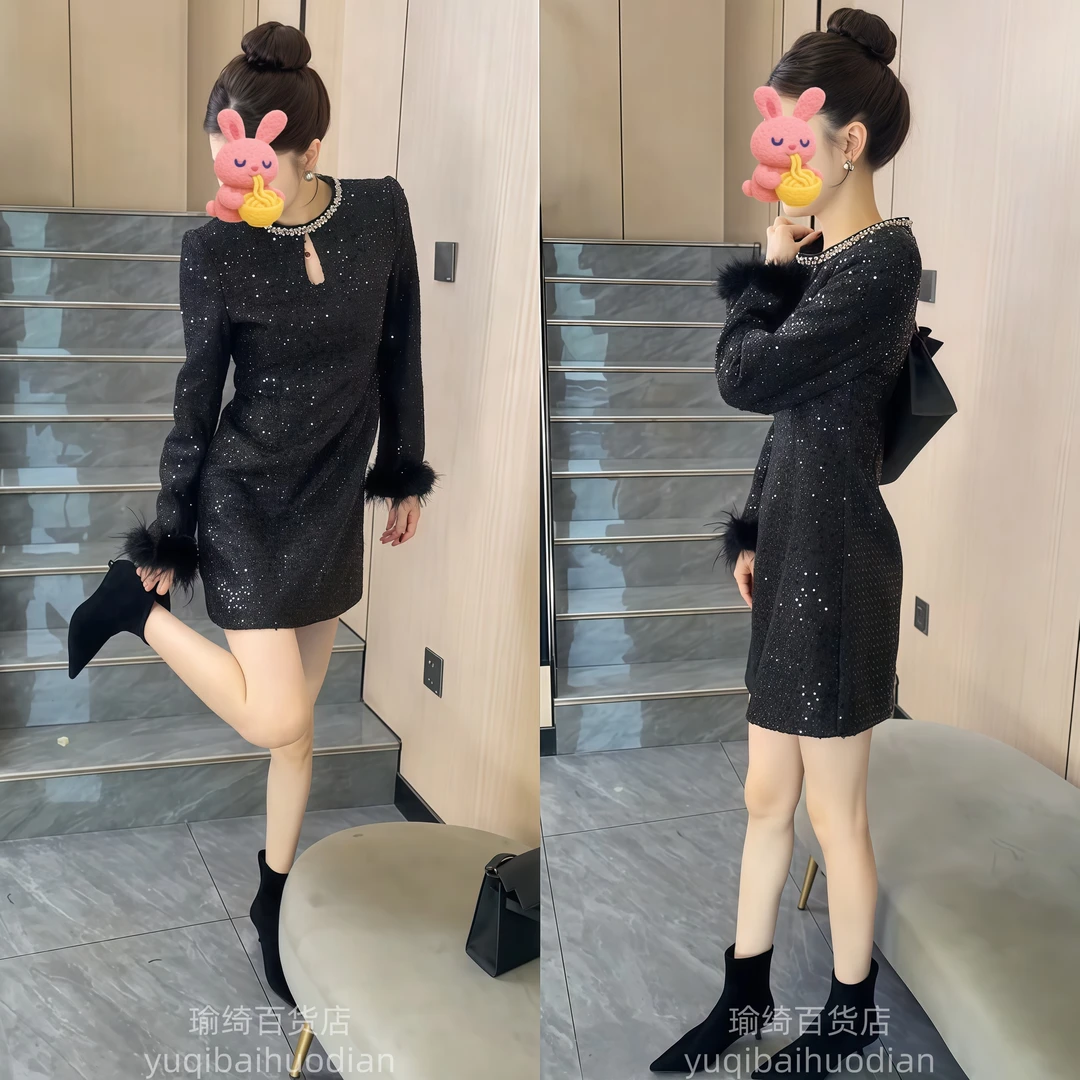 显气质性感女神范连衣裙女2025冬新款黑色时尚高级感百搭短裙潮