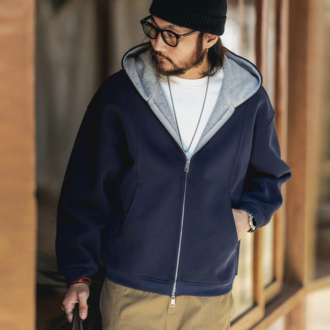 格蓝鹿美式复古重磅解构开衫连帽加厚卫衣男秋冬双拉链上衣男外套