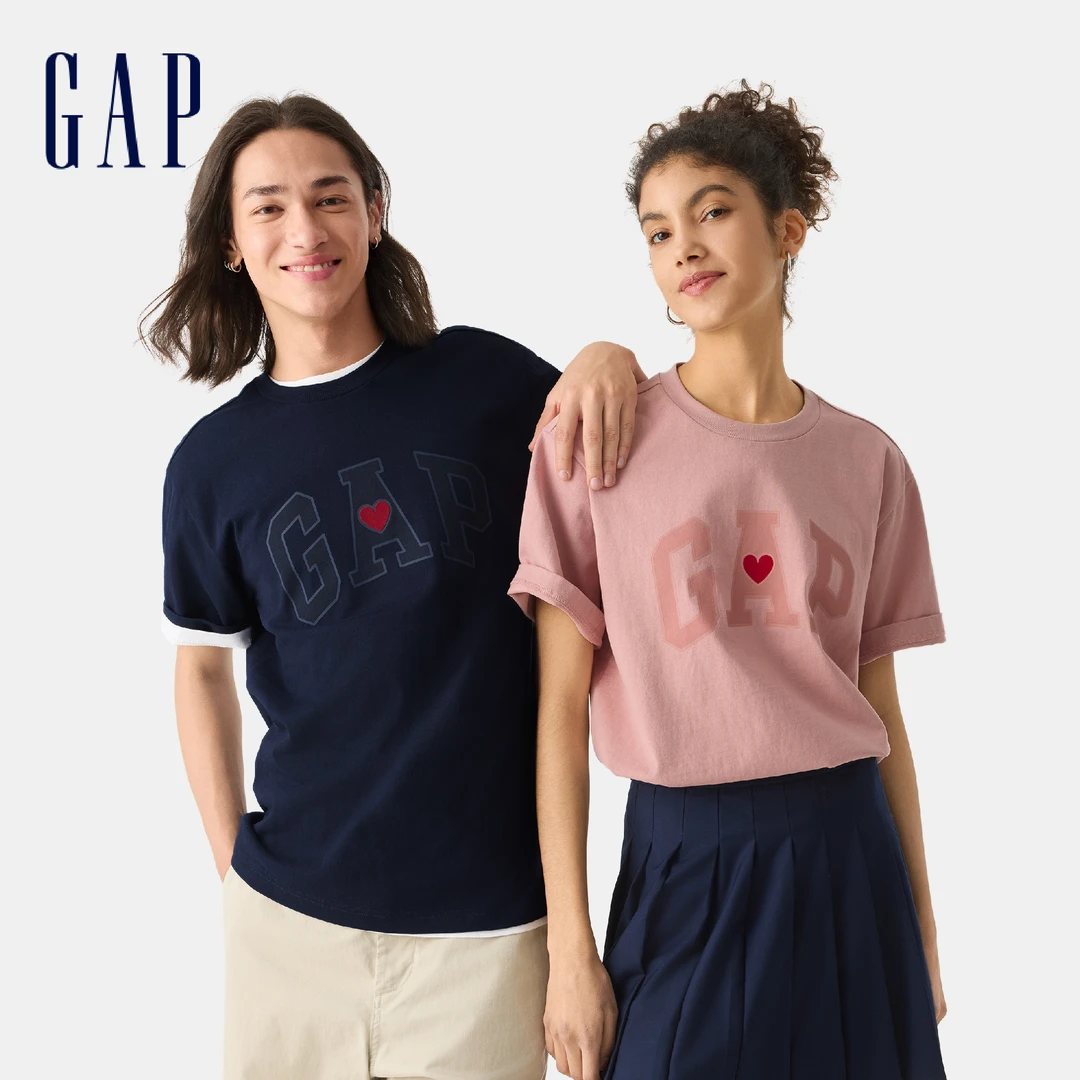 Gap男女装2025商场同款新品水洗棉植绒爱心短袖T恤情侣 DR 724935