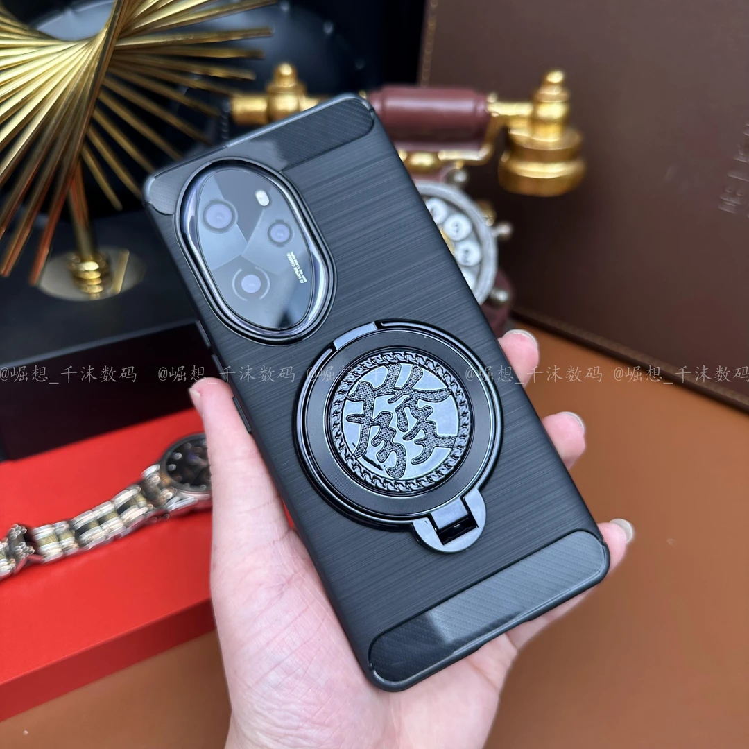 【發字陀螺支架+四角防摔】适用荣耀100Pro碳纤纹拉丝磨砂手机壳