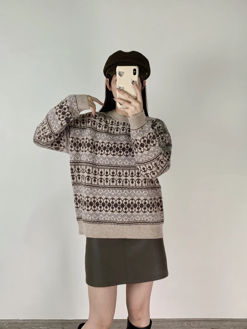 CHUAN BAI 秋冬圆领经典时尚复古花纹休闲针织套头衫