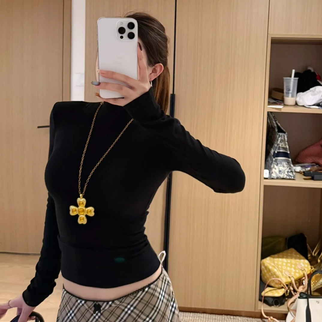 Nice辣妹3D长袖半高领抗起球抽褶T恤紧身显瘦洋气
