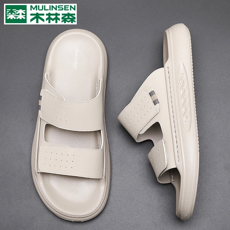 木林森青春潮流纯色男款户外大码外穿沙滩防滑凉鞋沙滩鞋网红鞋子