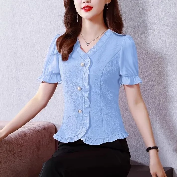 新中式V领泡泡袖运动衬衫女2025夏新款设计感木耳边百搭短袖小衫
