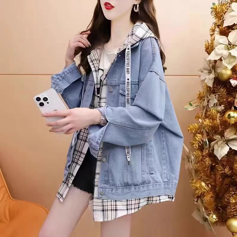 假两件拼接牛仔外套女春秋季2025新款初高中学生宽松连帽开衫上衣