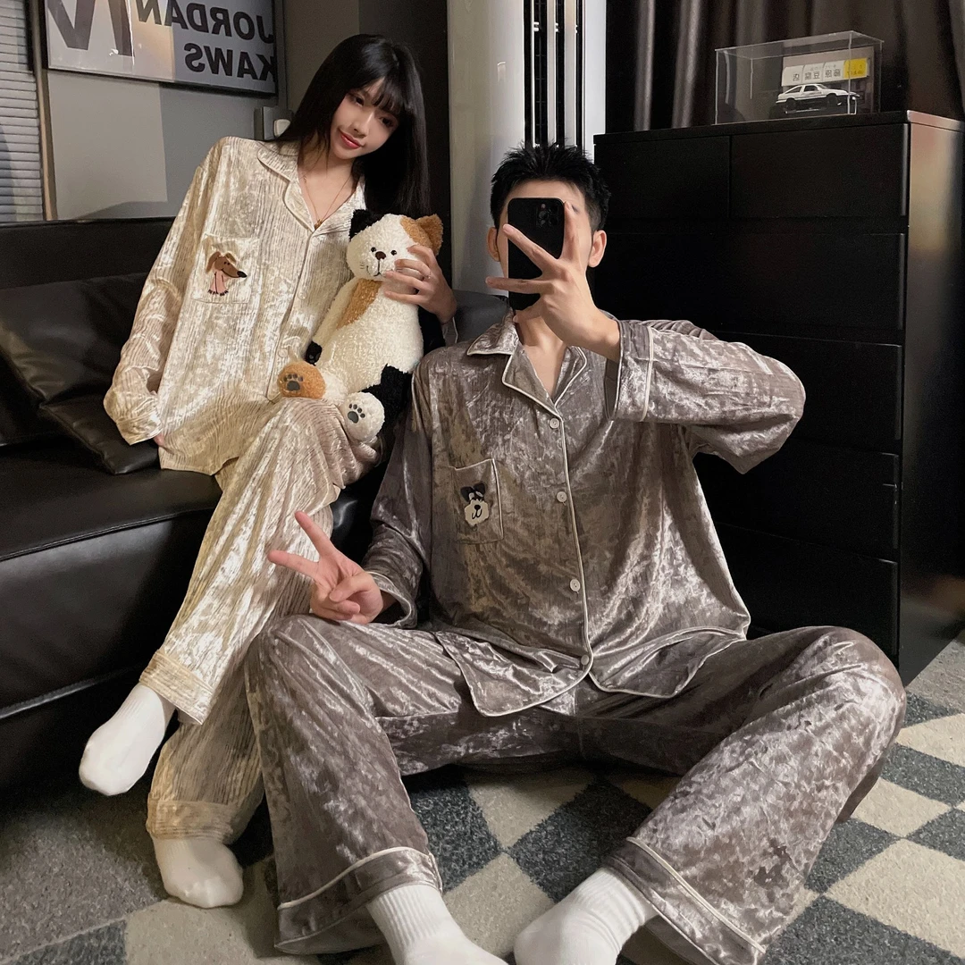 情侣睡衣春秋金丝绒长袖女高级感可外穿2025年新款男士冬季家居服