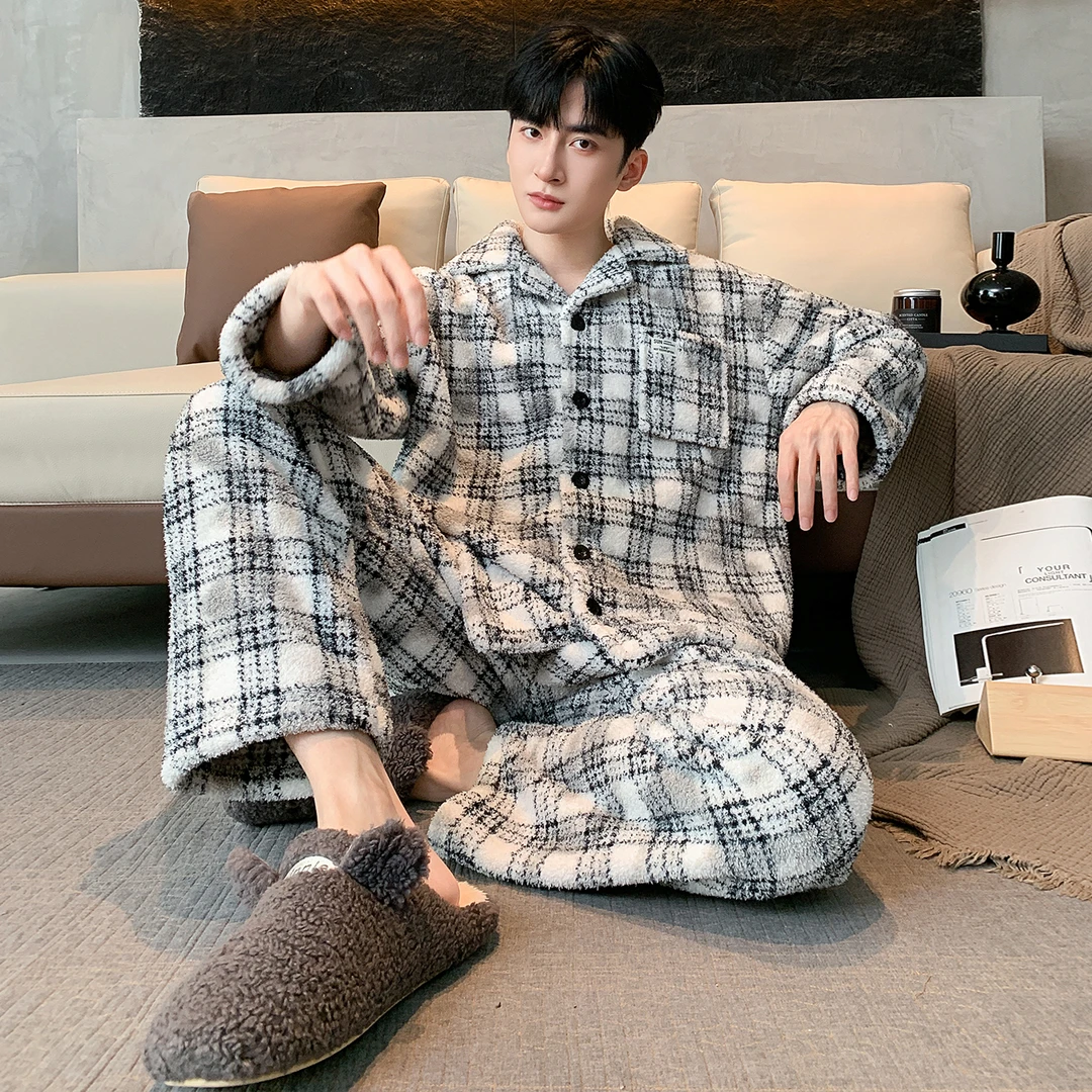 新款半边绒时尚冬季男士睡衣加绒加厚保暖珊瑚绒秋冬款潮流家居服