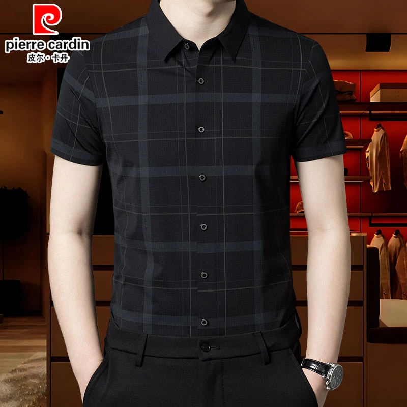 皮尔卡丹高档格子衬衫男短袖中年男装冰丝弹力无痕弹力休闲衬衣