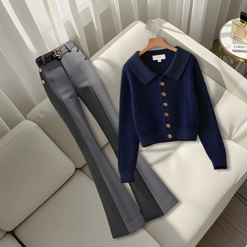 法式高端慵懒风洋气简约针织衫女早秋新款高腰直筒微喇裤子两件套