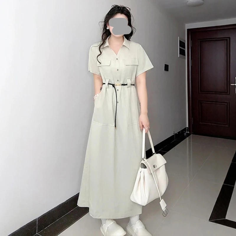 工装风Polo领带口袋连衣裙夏大码胖mm早秋刺绣收腰polo领卫衣长裙