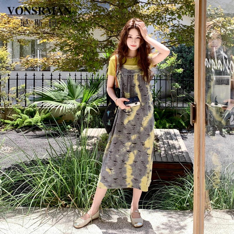 水墨扎染吊带连衣裙套装女2025夏季新款海边度假风短袖长裙两件套