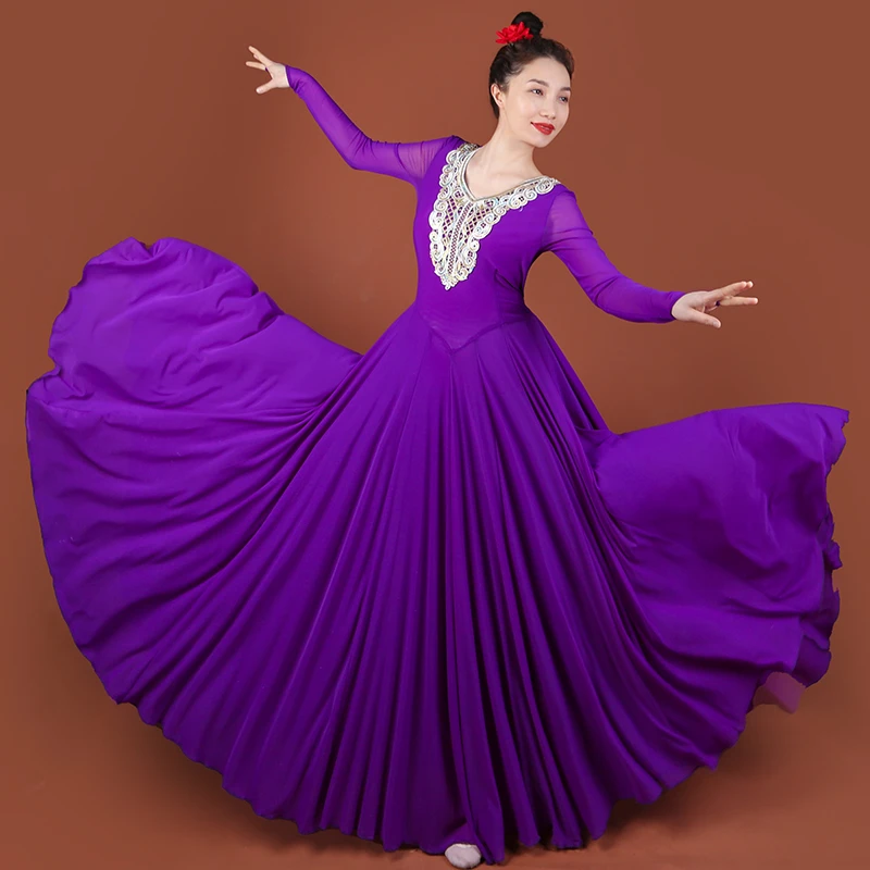 天山美翼新疆舞蹈服新疆舞民族舞弹力软纱飘逸舞台裙贴花连衣裙